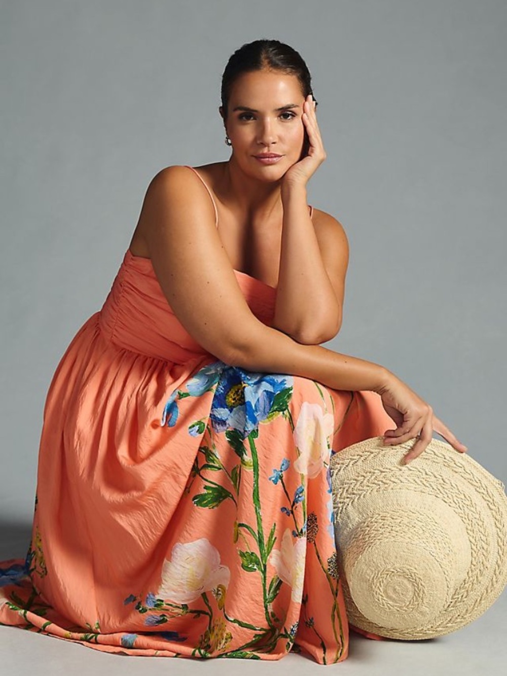 Anthropologie The Lorelei Ruched-Bodice Midi Dress 1X Coral w Blue Floral - Picture 3 of 4